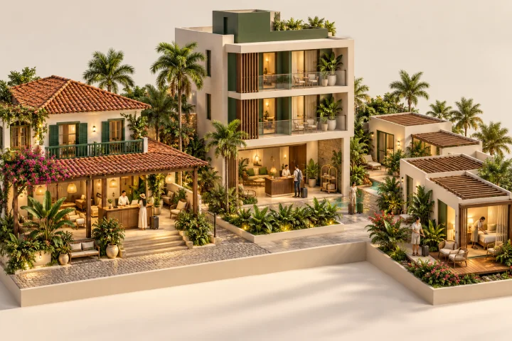 Una posada con techo de tejas, un edificio de apartamentos y pequeñas casas de alquiler forman una escena en miniatura.