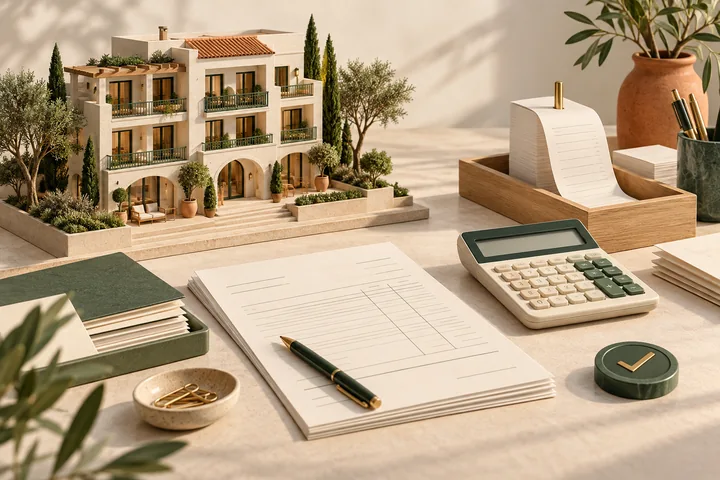Editorial illustration connecting a Colombian hotel stay, buyer details, electronic invoice validation and accounting review.