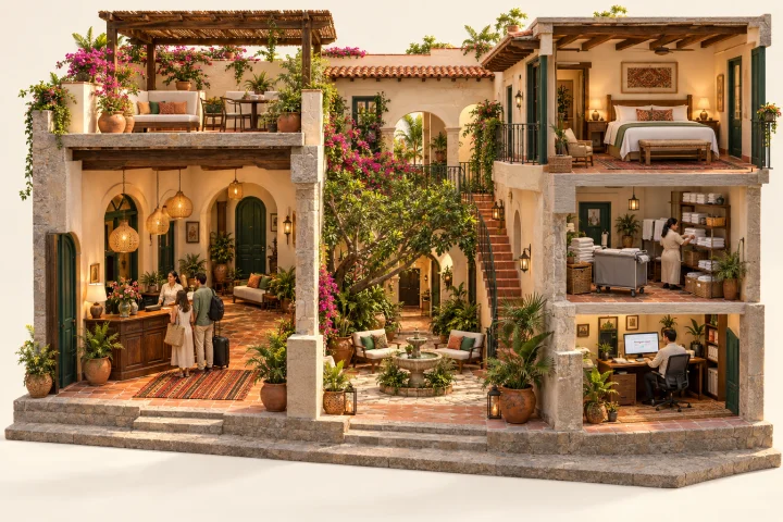 Editorial illustration of a Mexican courtyard hotel and apartments connected to a shared hospitality operations desk