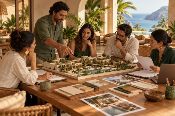 Five colleagues gather around a property model, papers and a laptop on a wooden table.