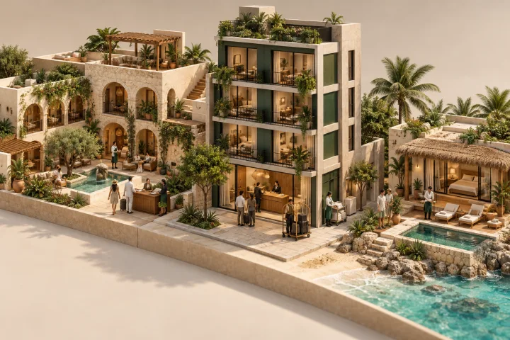 A courtyard hotel, a multistory apartment building and a coastal villa stand side by side in miniature.