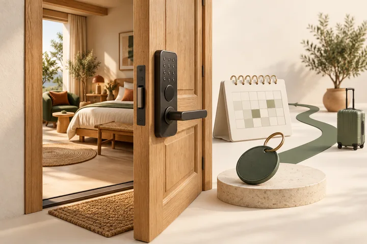 Editorial illustration of an apartment door, a shared entrance and a staff access dashboard connected to a guest stay.