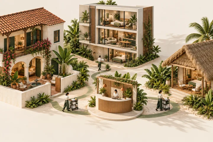 Ilustração editorial de uma gestora coordenando apartamentos, proprietários, mensagens e reservas diretas.