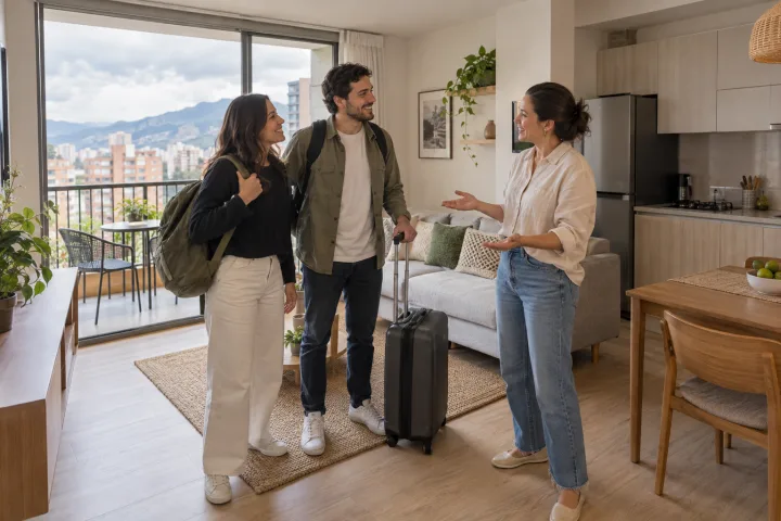 Um anfitrião recebe viajantes em um apartamento mobiliado de temporada.