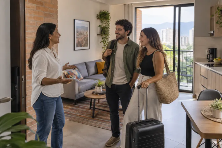 Um anfitrião recebe viajantes na hospedagem.
