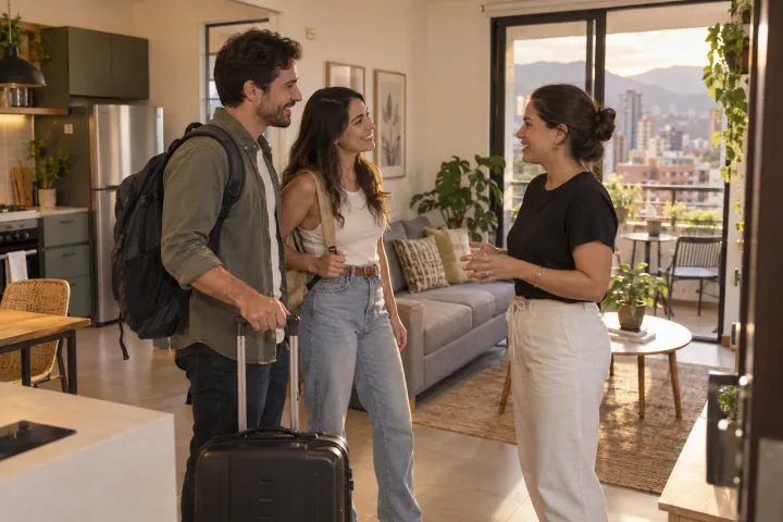Um anfitrião recebe viajantes na hospedagem.