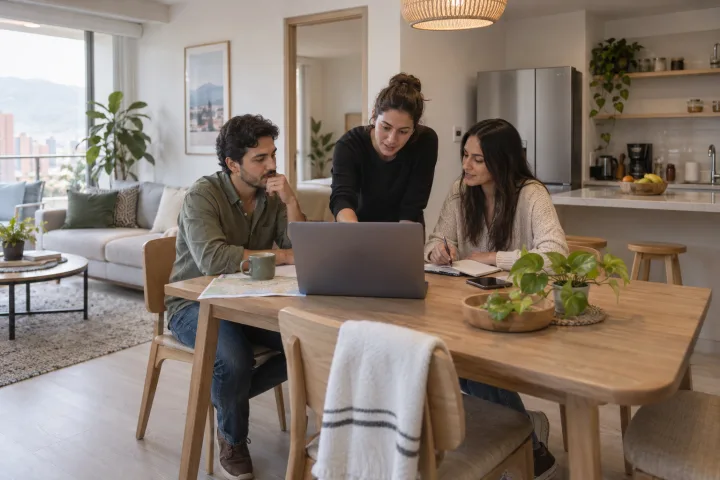 Uma equipe pequena planeja o dia em volta da mesa de um apartamento.