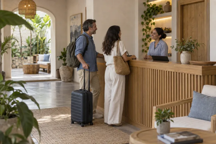 Um anfitrião recebe viajantes na hospedagem.