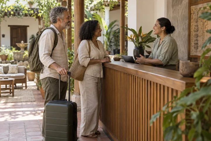 Um anfitrião recebe viajantes na hospedagem.