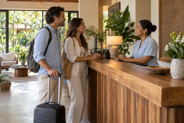 Um anfitrião recebe viajantes na hospedagem.