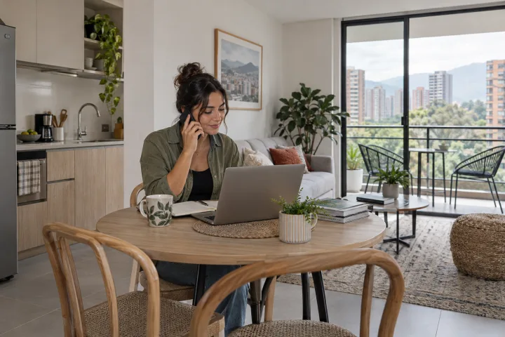 Um anfitrião fala ao telefone ao lado de um notebook, num apartamento claro de hóspedes.