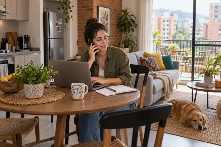 Um anfitrião fala ao telefone ao lado de um notebook, num apartamento claro de hóspedes.