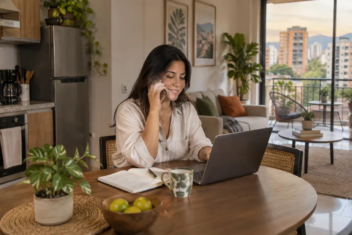 Um anfitrião fala ao telefone ao lado de um notebook, num apartamento claro de hóspedes.