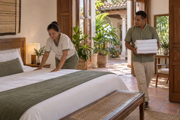 Dois colegas preparam um quarto de hóspedes com roupa de cama e toalhas novas.