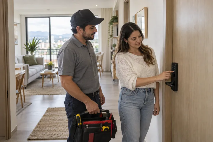 Um profissional de manutenção e um gestor de imóveis conferem juntos a porta de um apartamento.