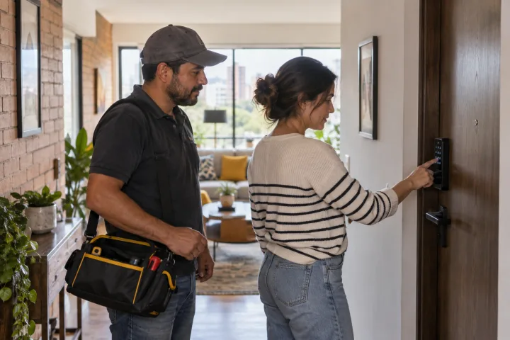 Um profissional de manutenção e um gestor de imóveis conferem juntos a porta de um apartamento.