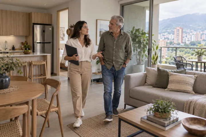 Um gestor de imóveis e um proprietário conversam sobre o cuidado de um apartamento claro de temporada.