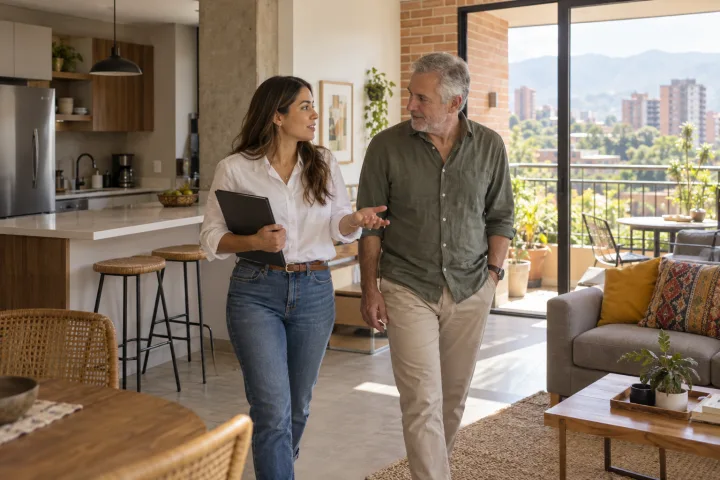 Um gestor de imóveis e um proprietário conversam sobre o cuidado de um apartamento claro de temporada.