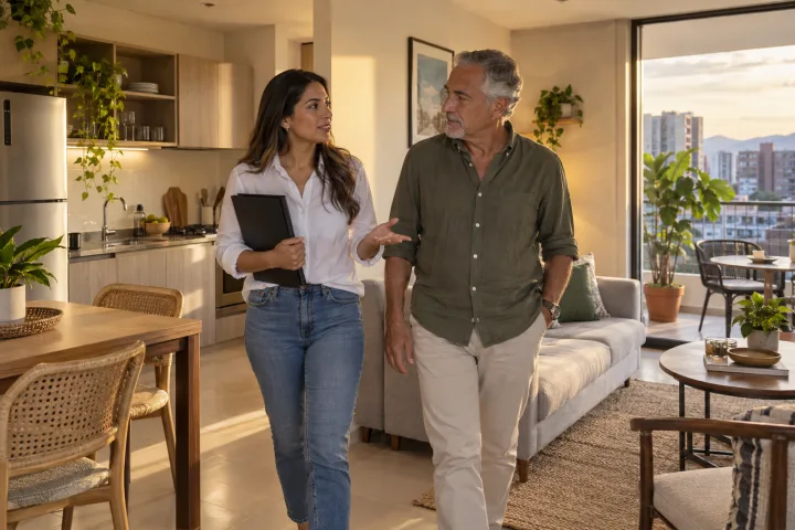 Um gestor de imóveis e um proprietário conversam sobre o cuidado de um apartamento claro de temporada.