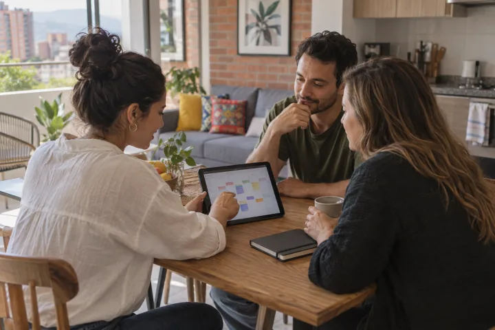 Três colegas planejam o dia juntos, em volta de um tablet.