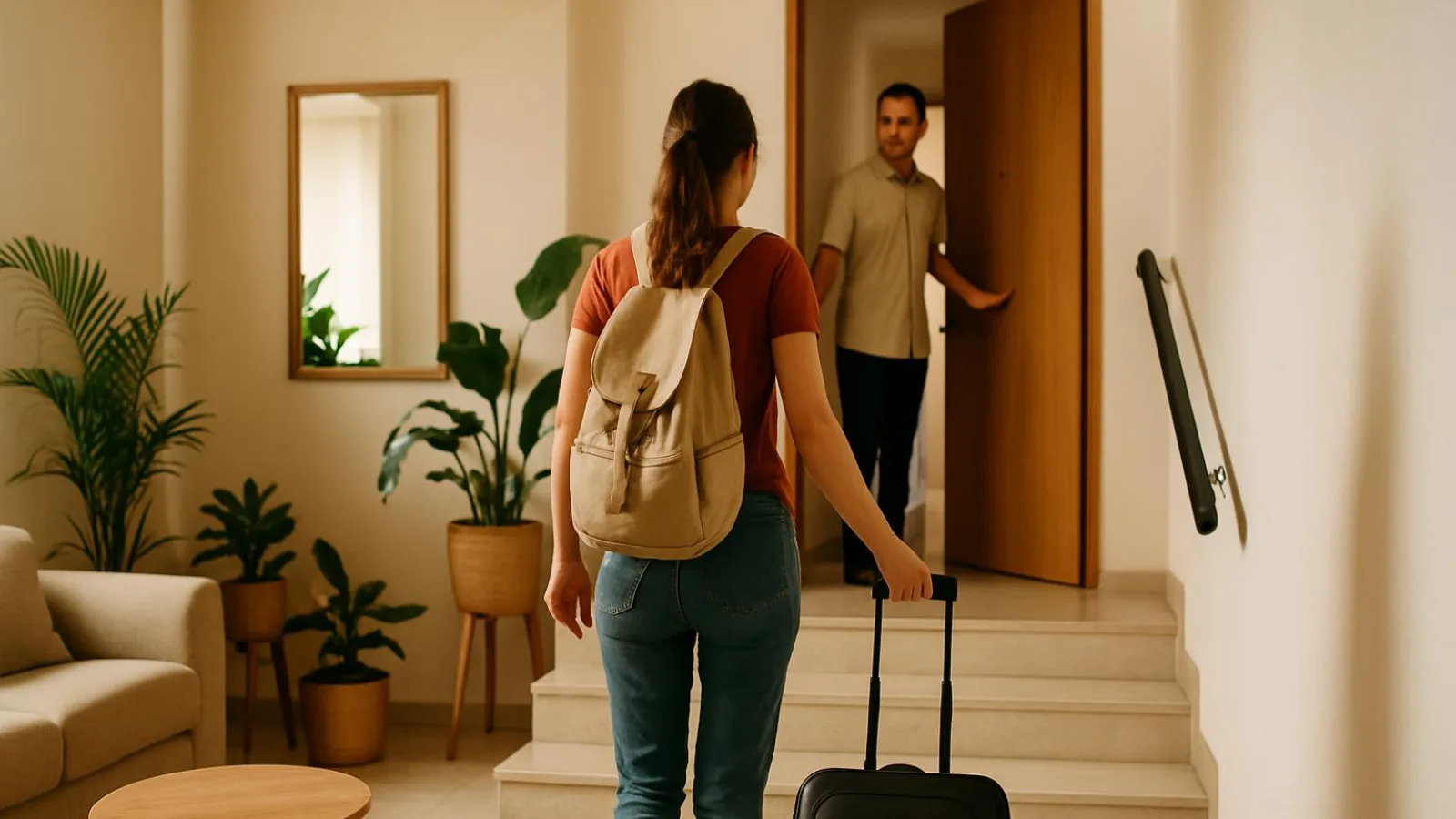 Una viajera con mochila y maleta se acerca a un anfitrión que la espera en la puerta de un apartamento.