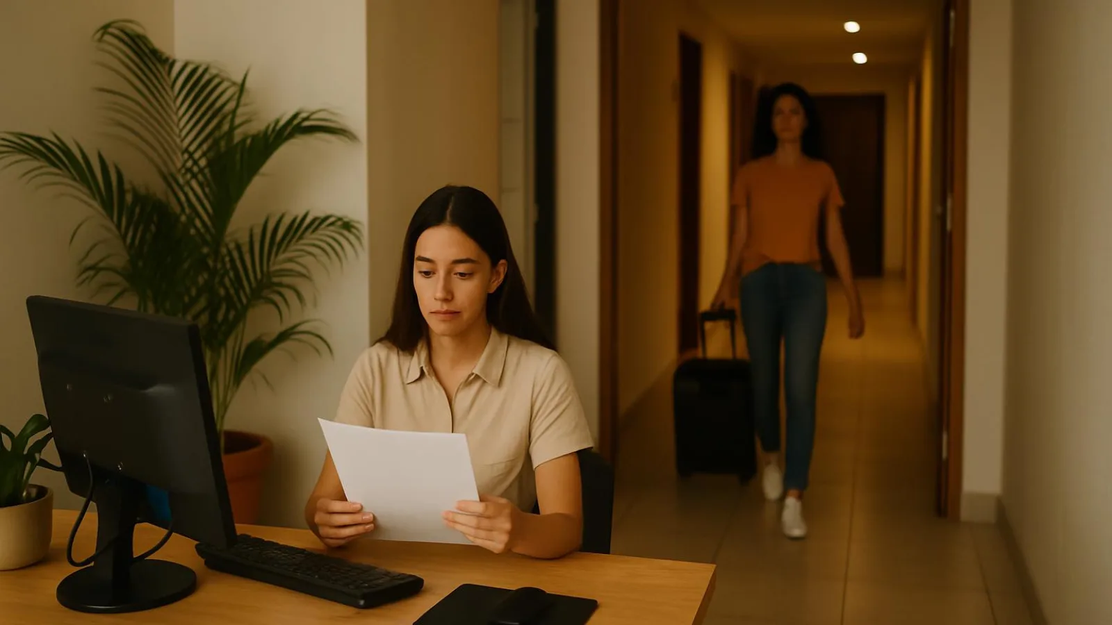 Recepcionista revisa una hoja en un escritorio mientras una huésped llega por el corredor con una maleta.