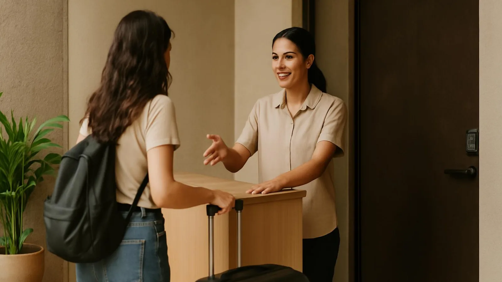 Recepcionista orienta a una huésped con maleta junto a un mostrador y una puerta con teclado de acceso.