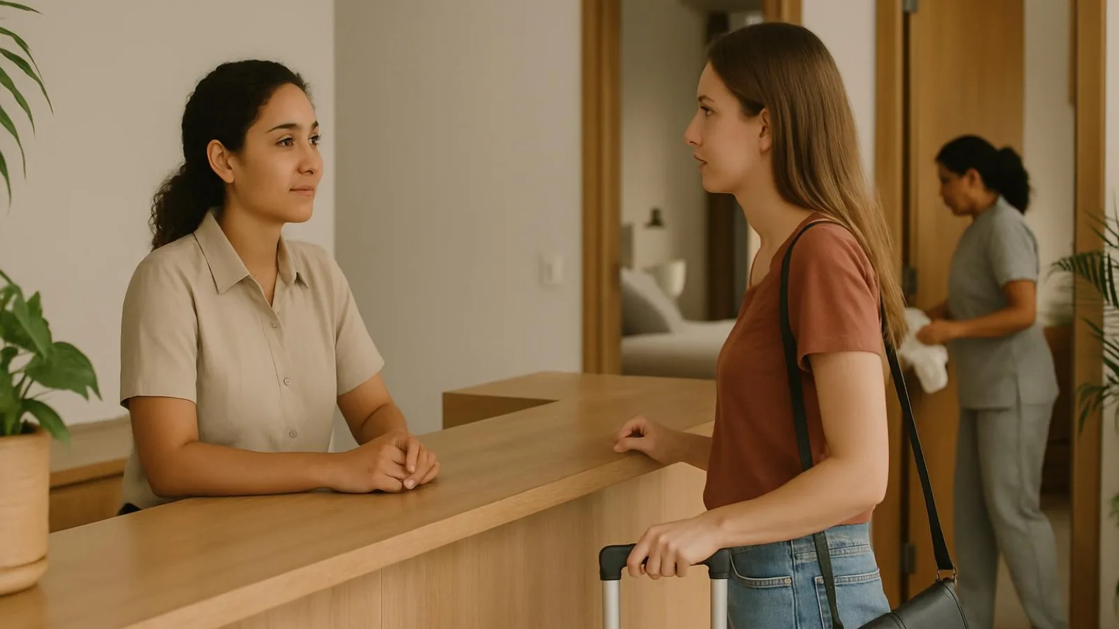 Recepcionista conversa com uma hóspede com mala enquanto uma colega da limpeza trabalha ao fundo.