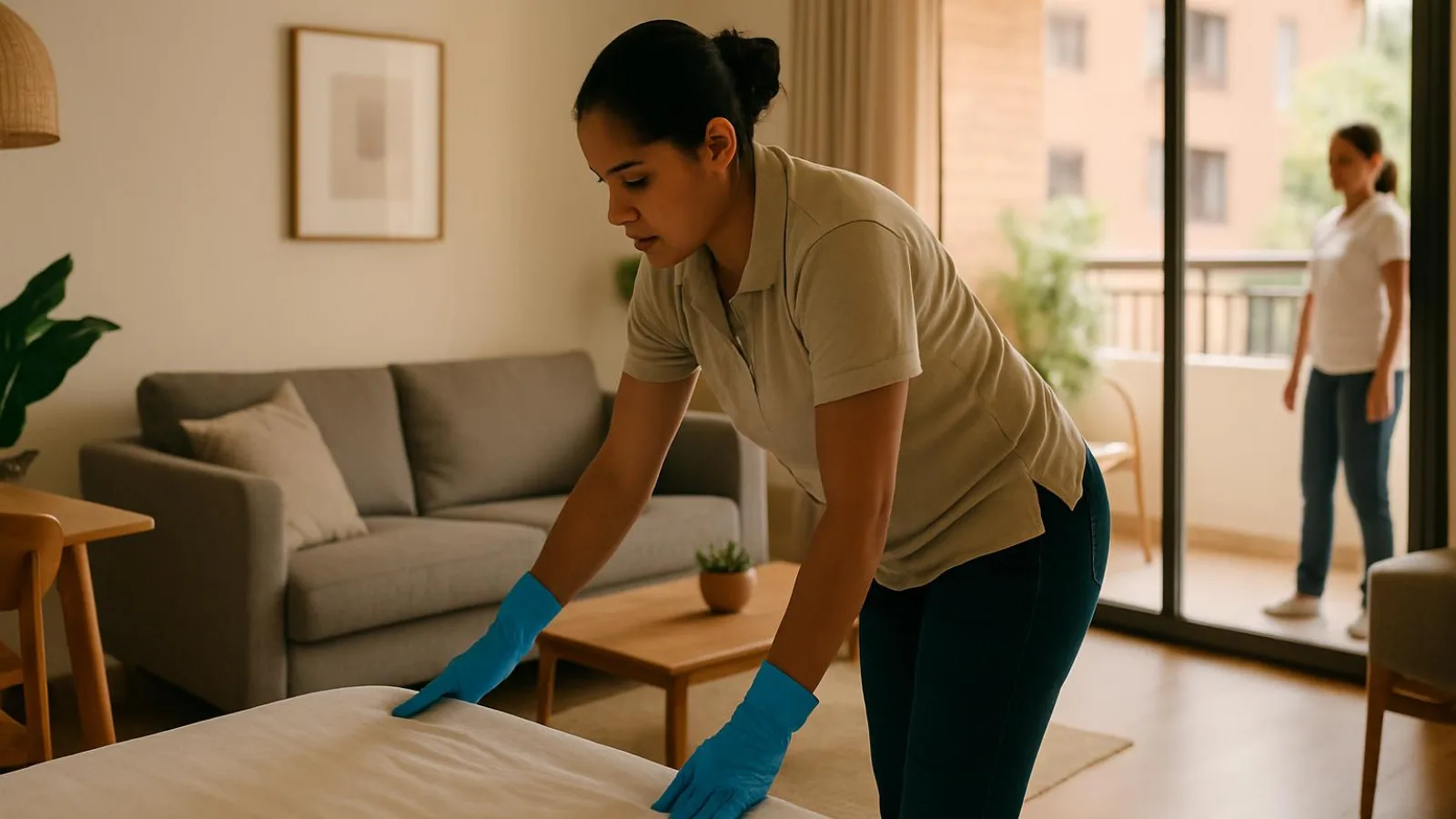 A worker wearing gloves makes a bed while another person stands on the balcony of a guest accommodation.
